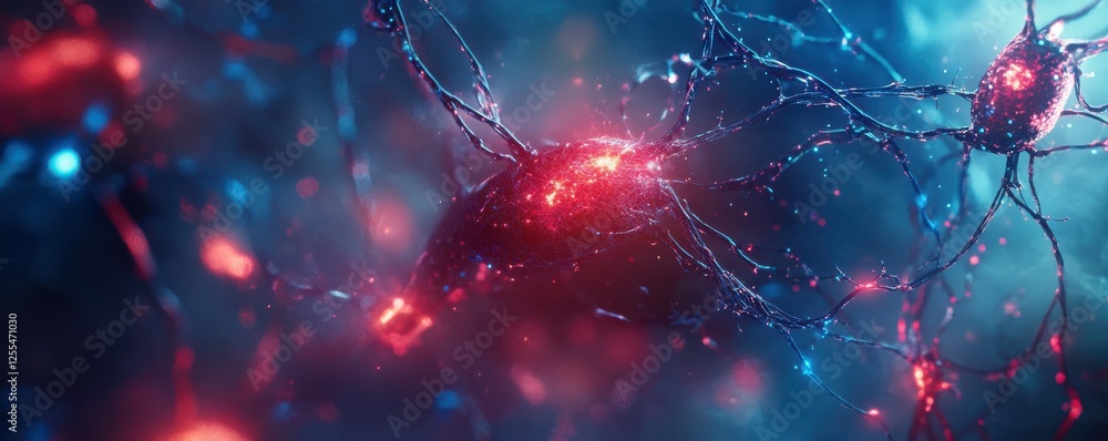 Poster glowing neural network connections in blue and red abstract