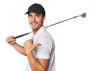 Young Hispanic man with golf club points with thumb finger away, laughing and carefree.