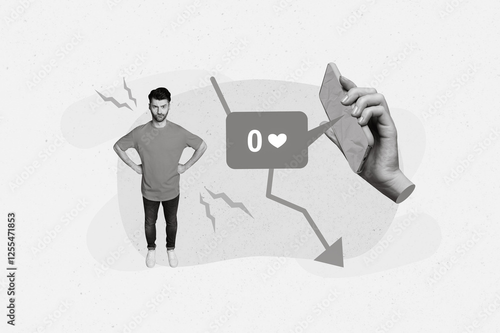 Aufkleber collage photo of young angry dissatisfied blogger man student hands waist hold phone no likes withou