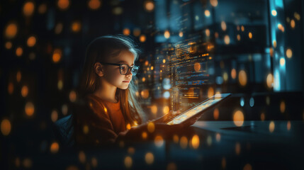 Girl with glasses reading a book, surrounded by digital effects and glowing lights. Fusion of technology and learning.