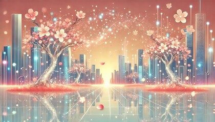 Obraz premium A Captivating Futuristic City with Digital Sakura Trees and Dreamlike Neon Lights in Pastel Tones