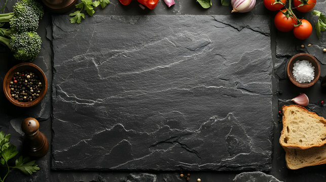 Dark slate background with assorted fresh vegetables, herbs, spices, and bread, perfect for culinary or food blog visuals.