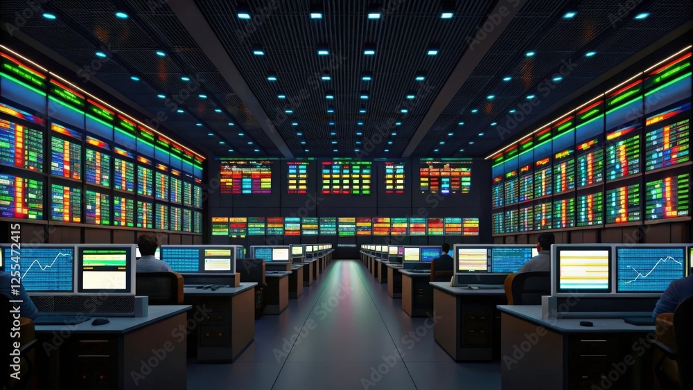 Fototapete a large, high-tech control room with rows of computer screens displaying data and information. the r