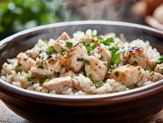 A steaming bowl of chicken and rice. Featuring tender chicken pieces and flavorful rice. Highlighting a comforting and delicious meal. Ideal for recipe books and food blogs.