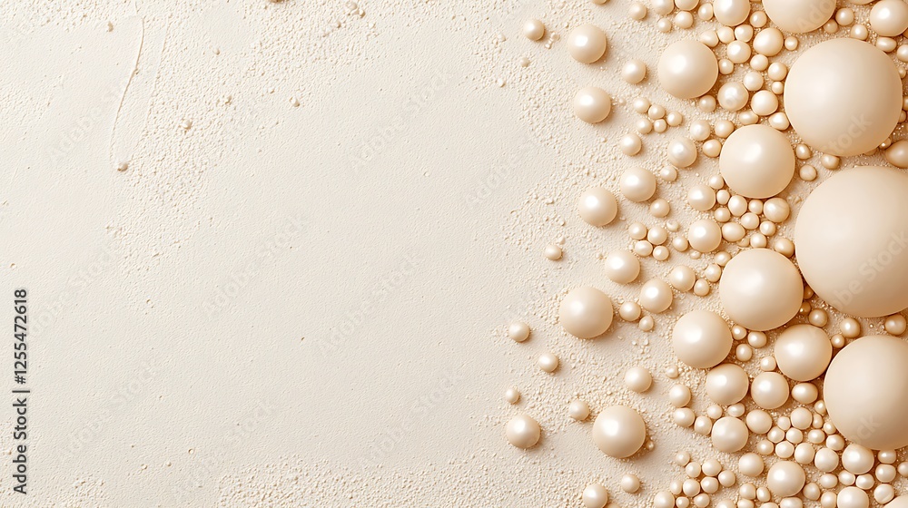 Poster a close-up view of various sized beige spheres scattered artistically on a light background, creatin