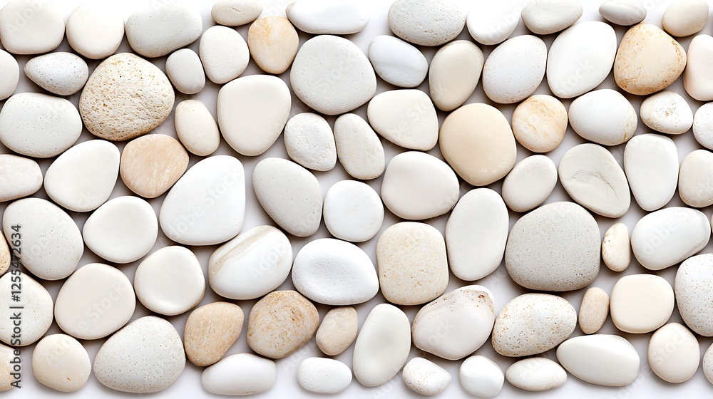 Poster a smooth arrangement of white pebbles displayed in a natural pattern, showcasing various shapes and 