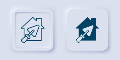 Filled and outline House or home with trowel icon isolated on grey background. Adjusting, service, setting, maintenance, repair, fixing. Square button. Vector