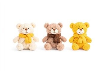 Three knitted teddy bears in various colors with scarves on a white background