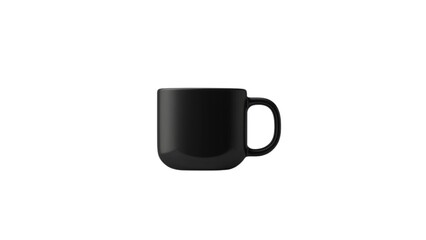 Minimalist matte black ceramic mug with smooth surface and curved handle, isolated on plain white background with empty space for branding or text design.