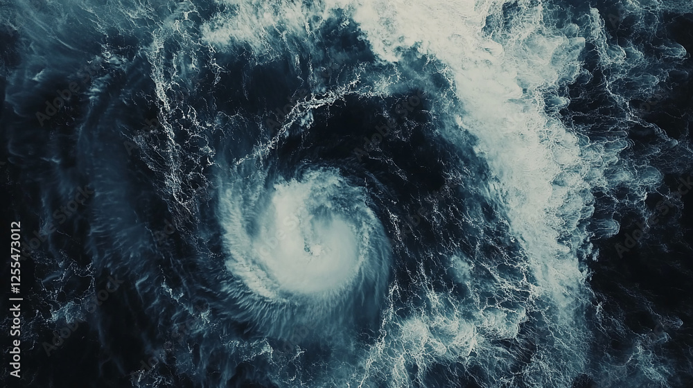 Poster aerial view of a swirling whirlpool in the ocean, showcasing powerful water movement with crashing w