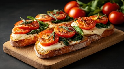 An inviting scene of rustic toast topped with roasted tomatoes and spinach, showcasing a healthy and elegant dish perfect for meals or snacks.