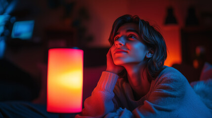 A teenage boy gazes upward dreamily next to a bright neon lamp in a warm, dark room. The scene suggests inspiration and creativity.
