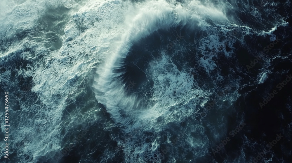 Poster aerial view of a whirlpool in the ocean, with powerful waves and foam spiraling into a vortex, symbo