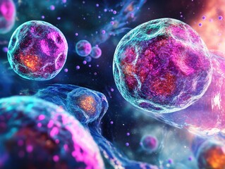 Naklejka premium Microscopic View of Human Stem Cells with Detailed Structures and Color