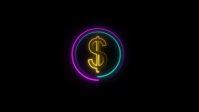 neon dollar sign, dollar icon animation. glowing neon dollar sing animation, neon  circle animation.
