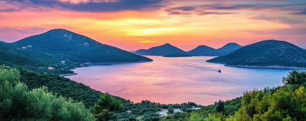 Stunning sunset over serene bay with lush hills and calm waters