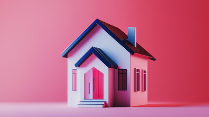 Naklejka premium A vibrant, modern house model with a pink background, showcasing contemporary design elements
