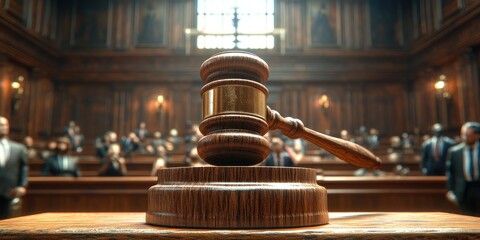 Justice Gavel in Courtroom: Symbol of Law and Order