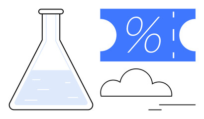 Flask containing liquid represents scientific research, blue coupon with percentage symbolizes discounts, and cloud signifies data storage. Ideal for science, technology, sales, cloud computing