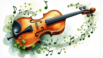 Captivating Watercolor Irish Fiddle Illustration with Flowing Musical Notes for St. Patrick's Day Event Promotion, Poster, and Branding Use