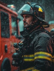 Obraz premium Brave Firefighter in Full Gear Standing by Fire Truck in Dramatic Rainy Setting