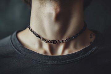 Close-up of a man's neck adorned with a black chain necklace. Perfect for fashion, jewelry, or style blogs showcasing minimalist accessories.