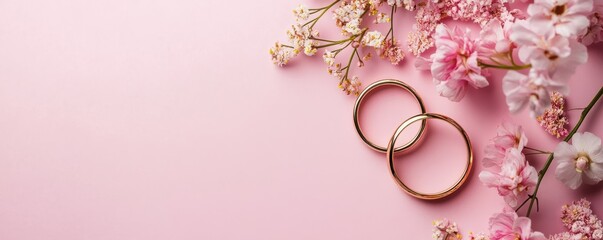 Romantic pink floral background with gold wedding rings