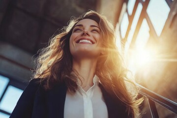 Fototapeta premium A woman with long hair is smiling and looking up at the sun