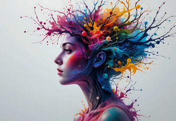 Colorful Abstract Art of a Woman with Splashing Paint Hair