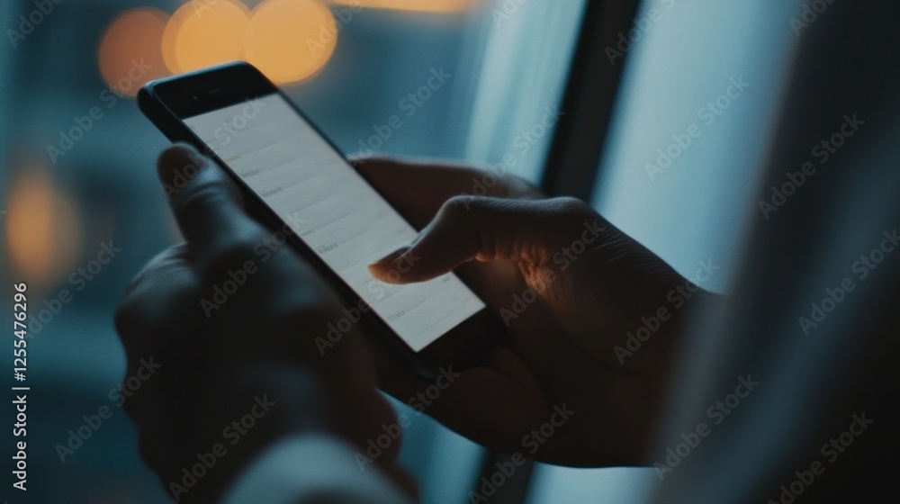 Poster using smartphone at night: close-up of hands scrolling through contacts