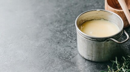 Golden Ghee in Rustic Metal Container on Dark Background
