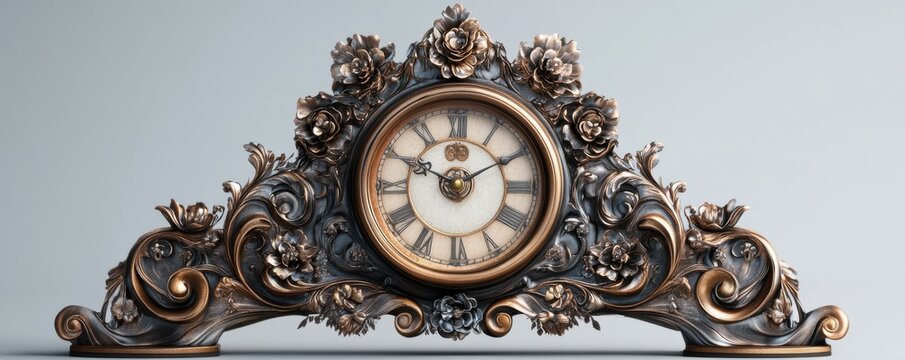 Ornate vintage clock with floral decorations and bronze detailing