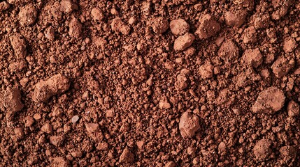 A close-up view of coarse, reddish-brown soil or earth, featuring various sizes of rocks and particles scattered across the surface.