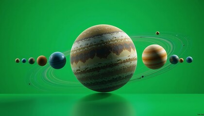 Illustrative Solar System Planets Arrangement on Green Background with Rings