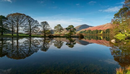 Fototapeta premium perfect mirror reflection of trees and mountain in small lake tarn near coniston in the lake district uk