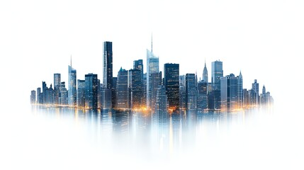 Obraz premium A breathtaking skyline featuring modern skyscrapers reflecting on water, symbolizing urban growth and architectural innovation. Perfect for business or travel content.