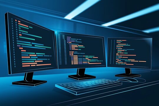 Three Computer Monitors Displaying Lines of Code in a Modern Workspace
