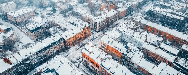 Snow-covered cityscape of historical buildings during winter snowfall