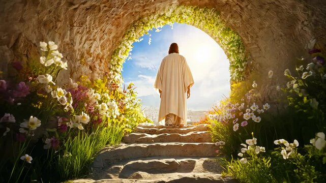 Happy Easter Jesus Christ is walking out of his tomb after the resurrection messiah, bathed in bright sunlight video 4k