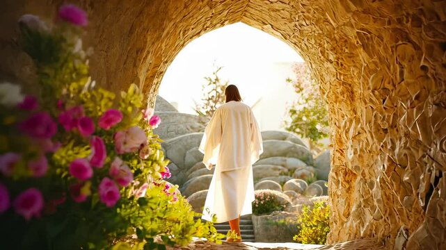Happy Easter Jesus Christ is walking out of his tomb after the resurrection messiah, bathed in bright sunlight video 4k