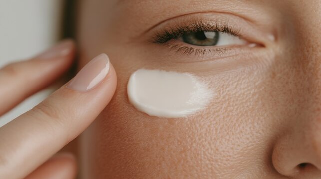 Close-up of a person’s cheek as a fingertip gently applies hydrating anti-aging cream, showcasing smooth and radiant skin texture with natural beauty.