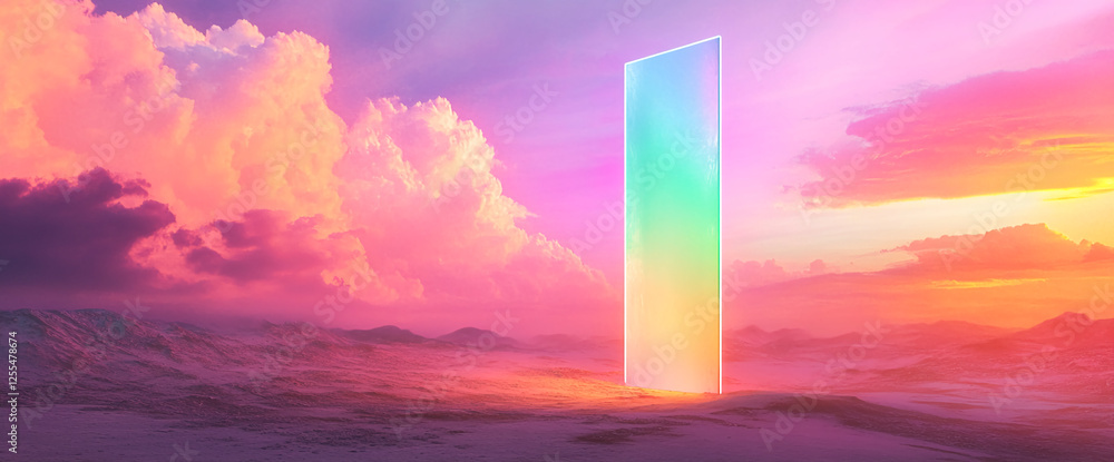 Poster Surreal glowing rectangular portal in the middle of a colorful desert-like landscape with a vibrant sky, symbolizing a passage to another dimension or reality