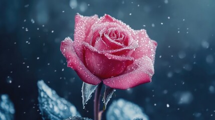 A Pink Rose Adorned with Dew Drops Under a Soft Falling Snowflakes