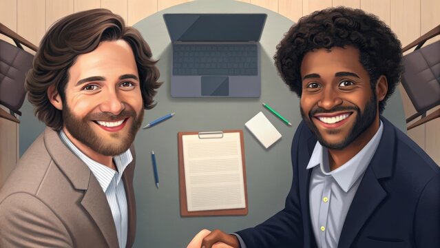 two smiling businessmen shaking hands at a conference table. Their agreement signifies the success of their collaborative efforts, building trust and forging a lasting partnership