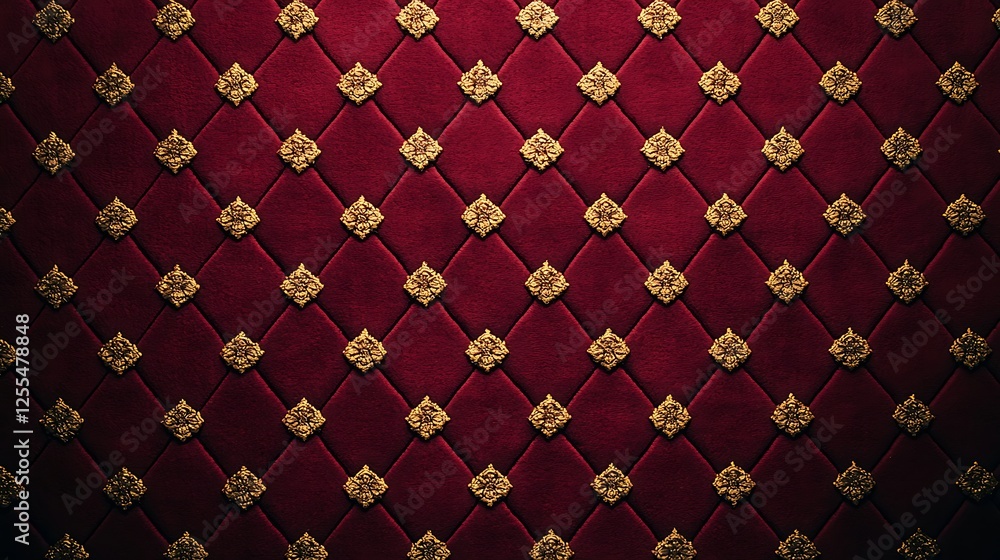 Poster a rich red patterned fabric with diamond shapes, adorned with intricate gold designs, creating an el