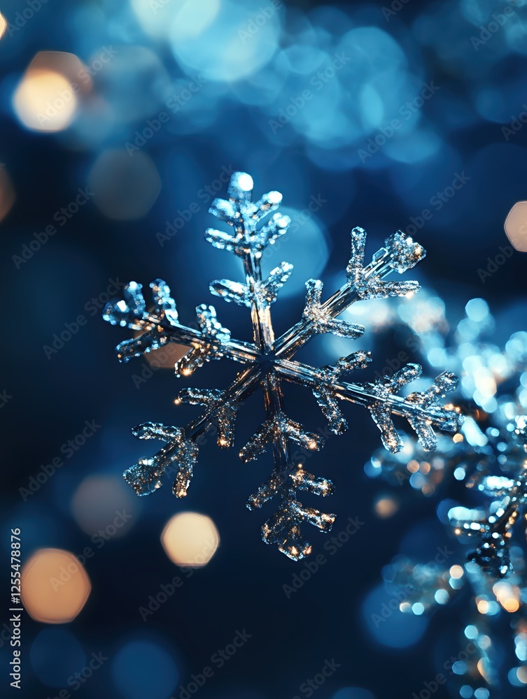 Poster elegant snowflake ornament on a blue background with bokeh lights creating a winter mood