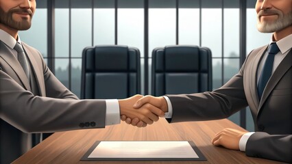 two businessmen shaking hands across a desk in a meeting room. It signifies a successful partnership or deal. The image exudes professionalism and trust