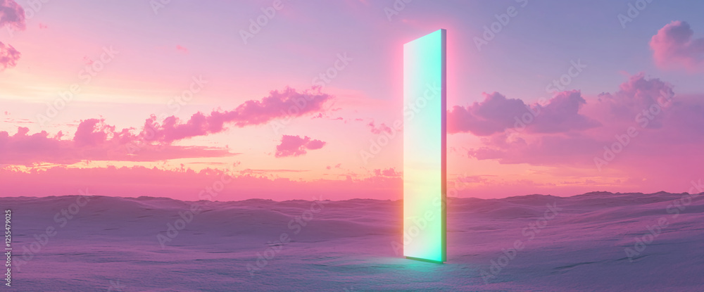 Aufkleber a glowing rectangular portal stands in a dreamy, pastel-colored landscape with a vibrant sky, symbol