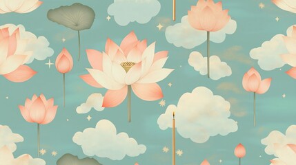 Obraz premium Dreamy seamless pattern of floating lotus flowers, soft clouds, and glowing candles on a pastel green background. Ideal for yoga, meditation, and mindfulness projects