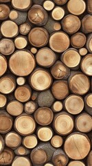 Stacked log trunks stand tall in a tranquil forest, bathed in warm evening light with a soft, blurred backdrop